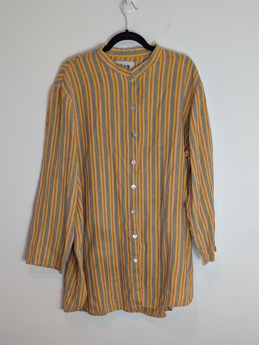 Flax 100% Linen Striped Mandarin Collar Tunic Top Size L Lagenlook
